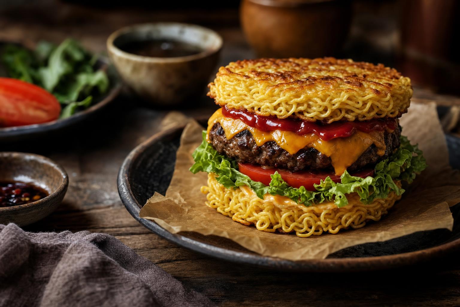 Ramen Nudeln – Burger mit zwei gebratenen Ramen-Nudel-Patties als Brötchen, Rindfleischpatty, Käse, Salat, Tomate und Ketchup auf Backpapier.