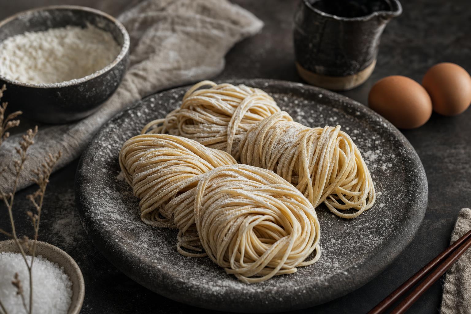 Frisch hergestellte Ramen-Nudeln werden von bemehlten Händen gehalten, im Vordergrund steht der handgemachte Charakter des Gerichts.
