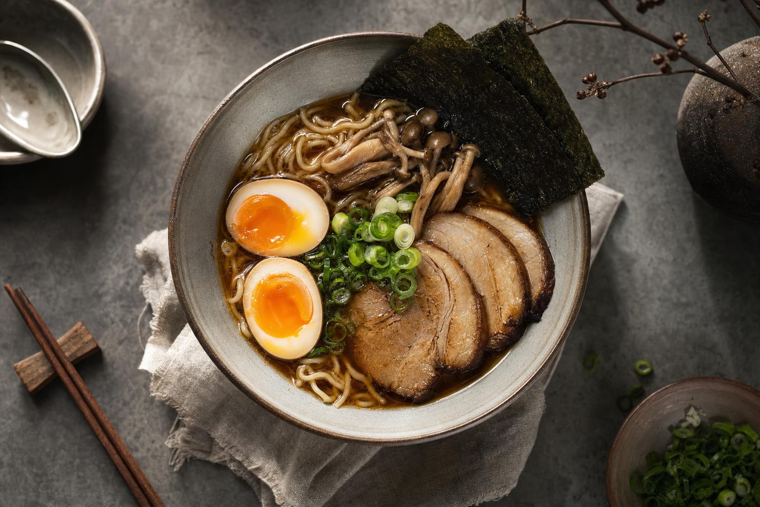 Schüssel mit Shoyu Ramen, belegt mit Chashu-Schweinefleisch, halbem Ei, Pilzen, Frühlingszwiebeln, Nori und Nudeln in klarer Brühe