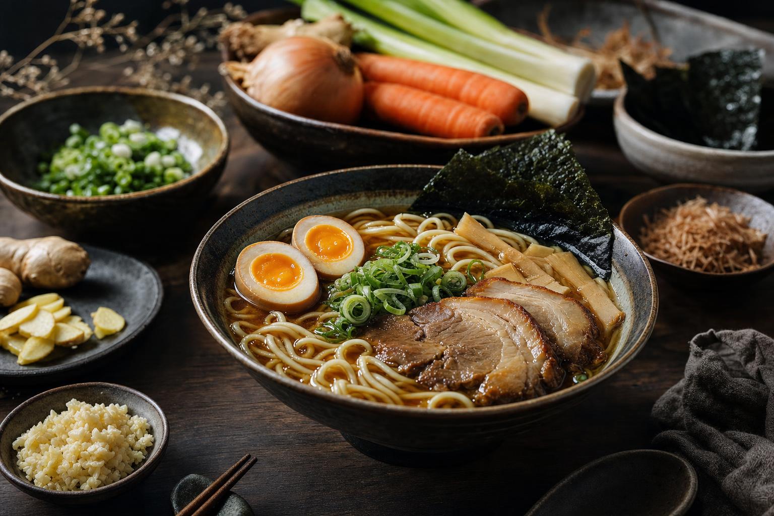 Schüssel mit Ramen-Nudeln, Scheiben Schweinebauch, Ei, Frühlingszwiebeln und Gemüse in klarer Brühe angerichtet