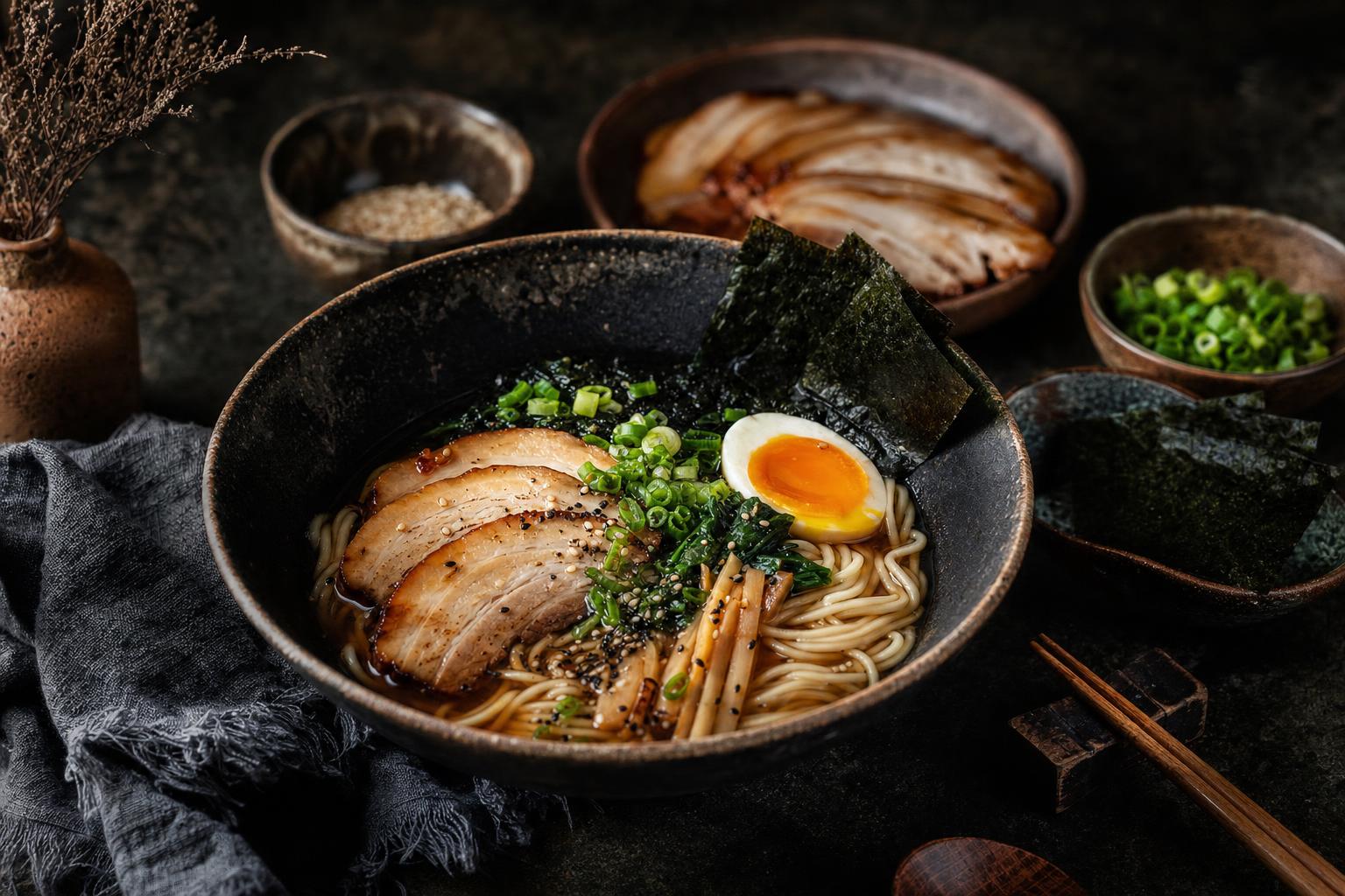 Schüssel mit Ramen-Nudeln in klarer Brühe, belegt mit Ei, Frühlingszwiebeln, Fleischscheiben und Nori-Algen.