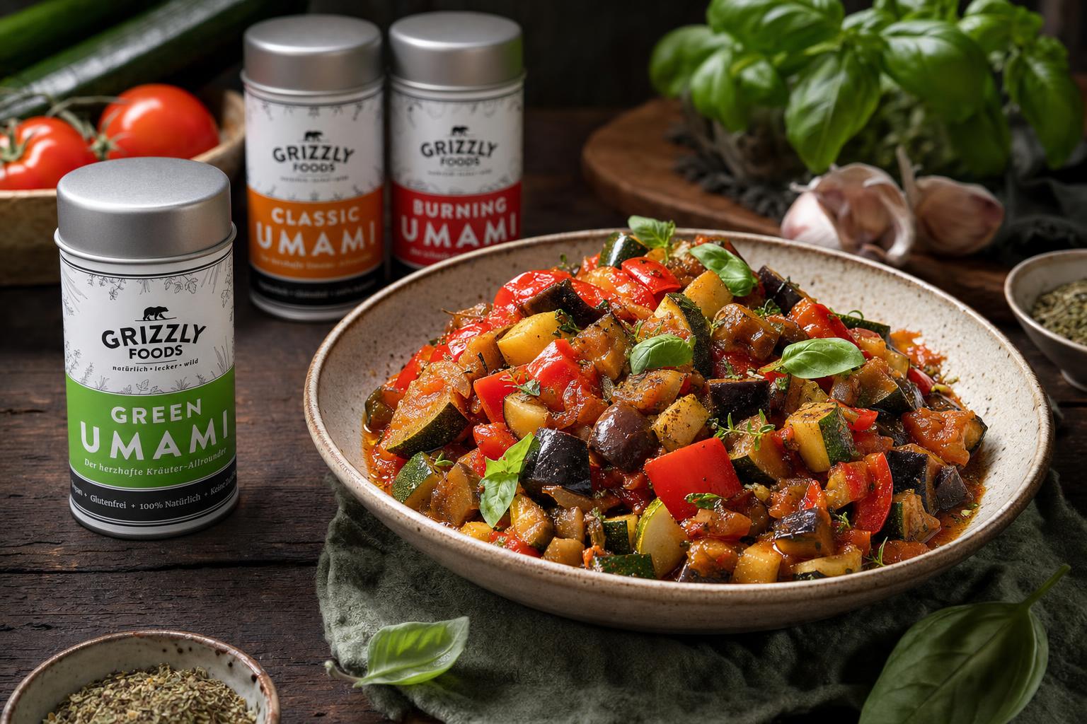 Schale mit Ratatouille aus grob geschnittenen Auberginen, Zucchini, Paprika und Tomaten, garniert mit frischem Basilikum