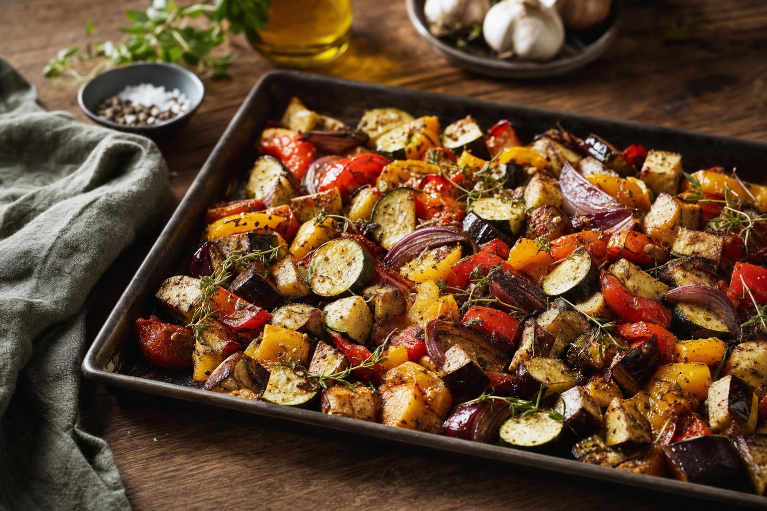 Runde Auflaufform mit gebackenen, bunt geschichteten Scheiben aus Zucchini, Aubergine und Paprika, garniert mit frischen Kräutern.