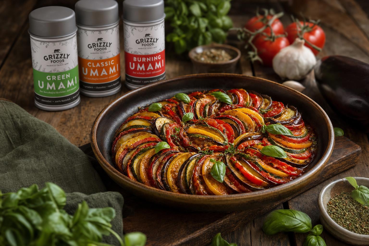 Ratatouille mit Zucchini-, Auberginen- und Tomatenscheiben, frisch gekocht und mit Basilikum in einer dunklen Schale serviert.