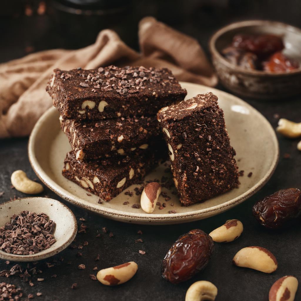 Ein Stapel ungebackener Brownies mit Nuss- und Kakaostückchen auf gelbem Teller, umgeben von Nüssen, Datteln und Kakaonibs.