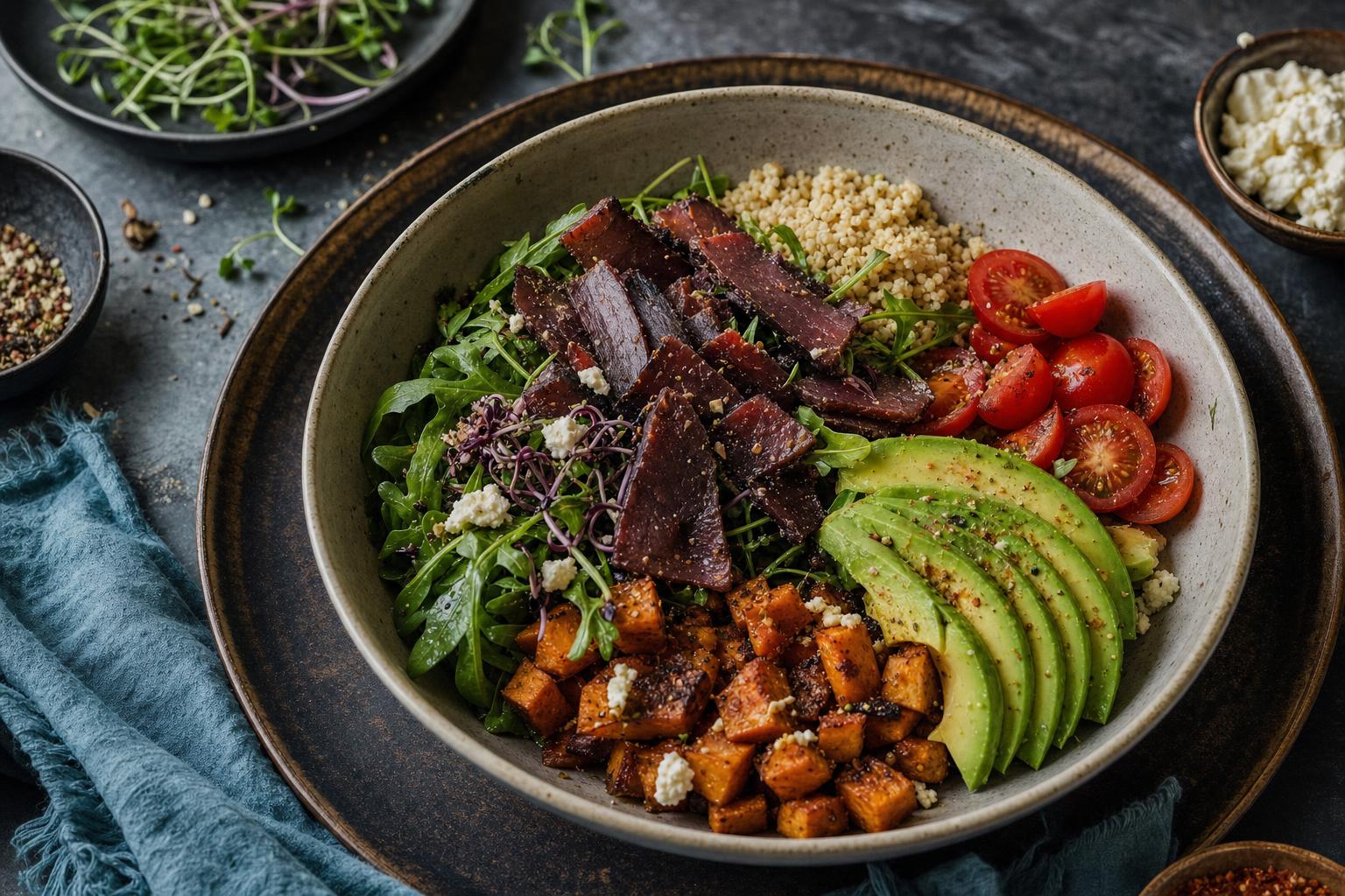 Rezepte mit Biltong – Bunte Bowl mit Getreide, Biltong-Streifen, Avocado und Cherrytomaten, von oben fotografiert bei Tageslicht