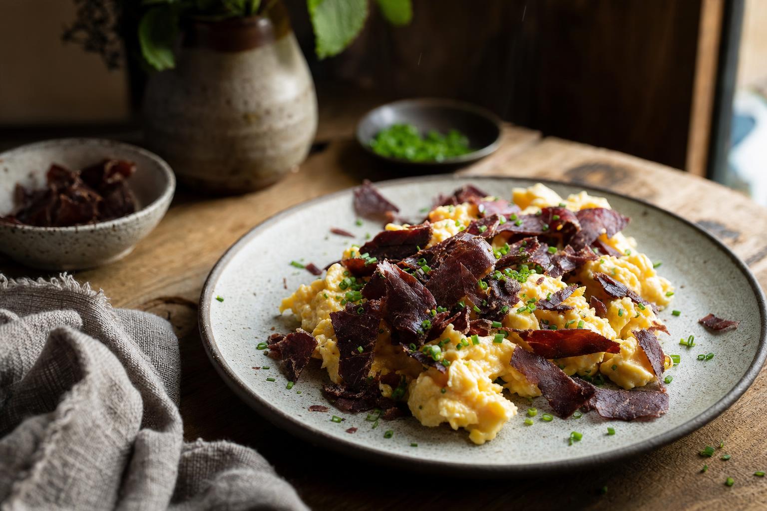 Rezepte mit Biltong – Weiches Rührei auf Keramikteller, belegt mit dünnen Biltong-Streifen und Schnittlauch, im Morgenlicht serviert