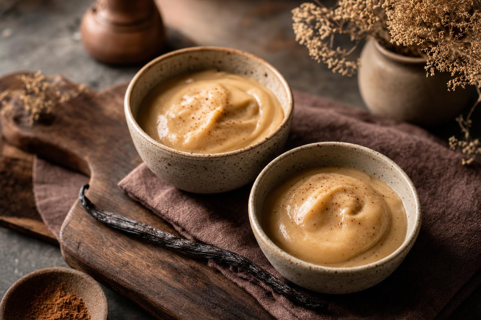 Knochenbrühekonzentrat – Zwei kleine Schalen Vanillepudding mit beige-brauner Farbe, cremiger Konsistenz und einer Vanilleschote daneben.