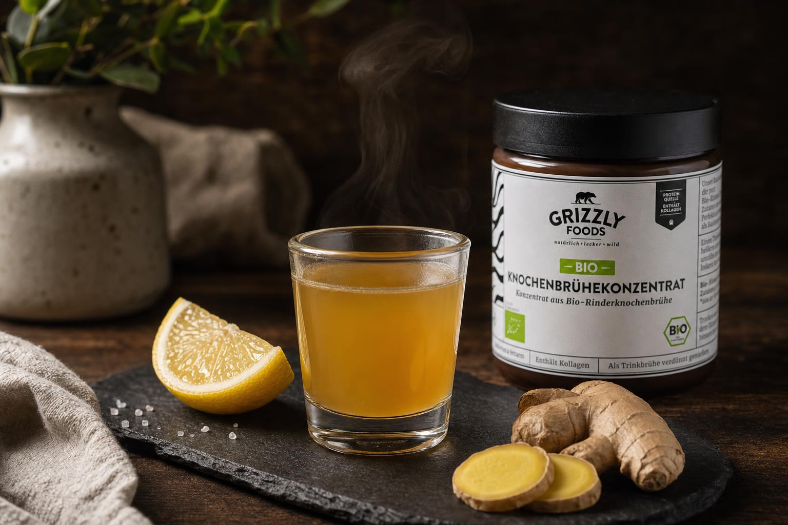Kleines Glas mit dampfendem, goldbraunem Knochenbrühe-Shot auf dunklem Holz, daneben Zitronenspalte und frischer Ingwer.