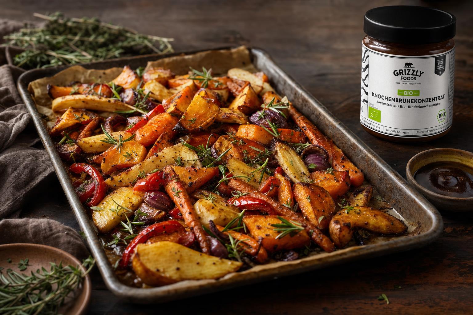Ofengemüse aus Karotten, Pastinaken, Süßkartoffeln und Paprika mit glänzender Knochenbrühe-Glasur, garniert mit Rosmarin und Thymian