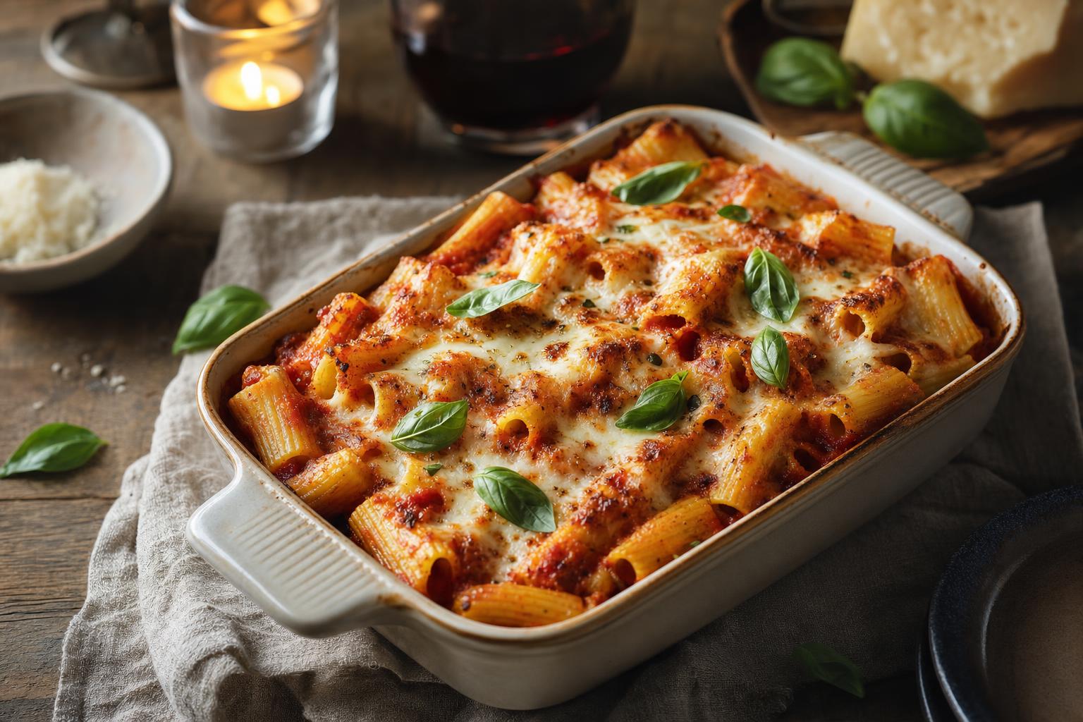 Auflaufform mit überbackenen Rigatoni, goldbraunem Käse und frischem Basilikum auf Holzuntergrund, im Hintergrund eine Kerze.