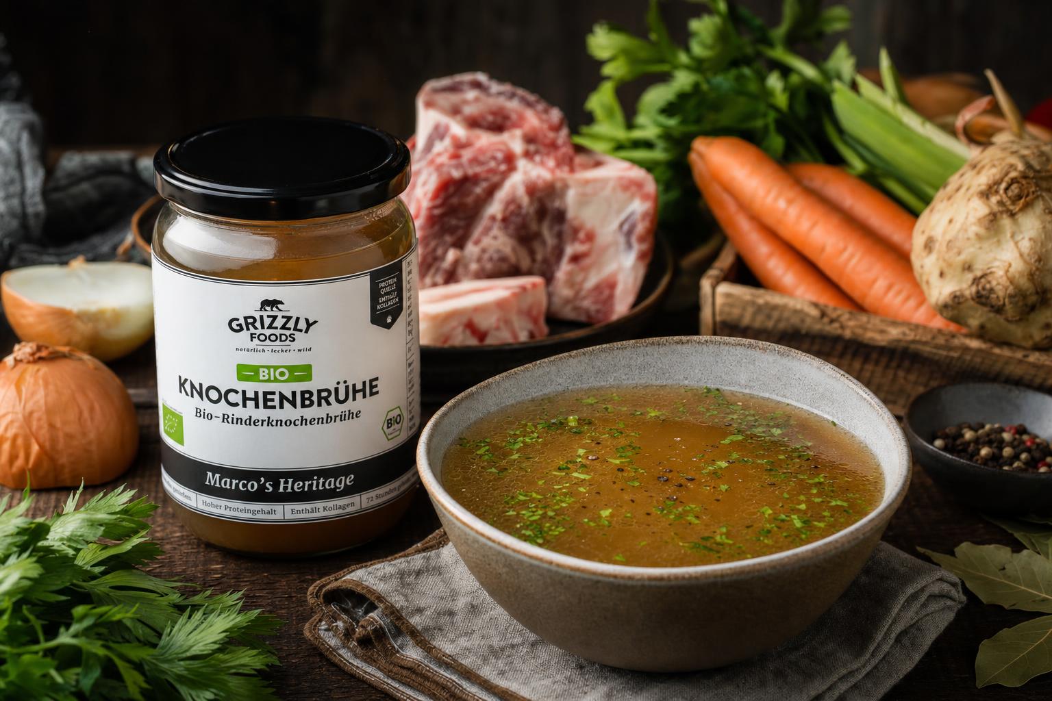 Topf mit rohen Rinderknochen, Fleisch, Lorbeerblättern und Pfefferkörnern, umgeben von frischem Suppengemüse und Kräutern
