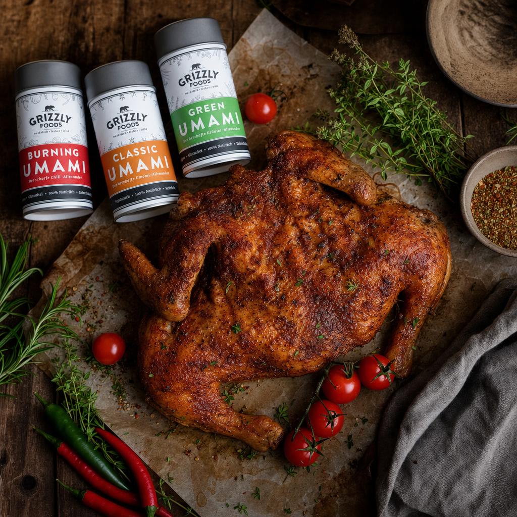 Flach gedrücktes, goldbraun gebratenes Hähnchen auf Backpapier, umgeben von frischen Kräutern, Tomaten und drei Gewürzdosen