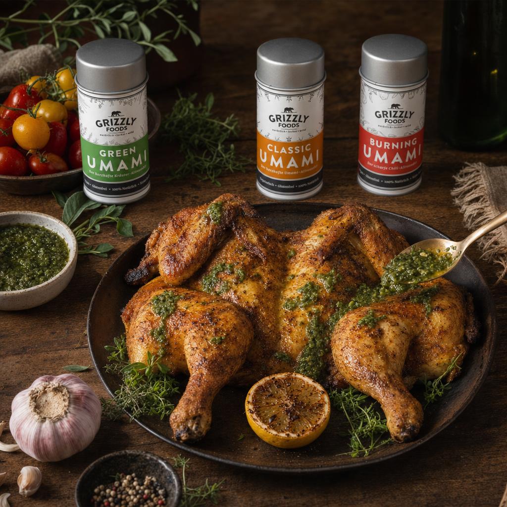 Flach gedrücktes, goldbraun gebratenes Hähnchen auf Backpapier mit Kräutern, Tomaten, Knoblauch und grüner Kräutersoße.