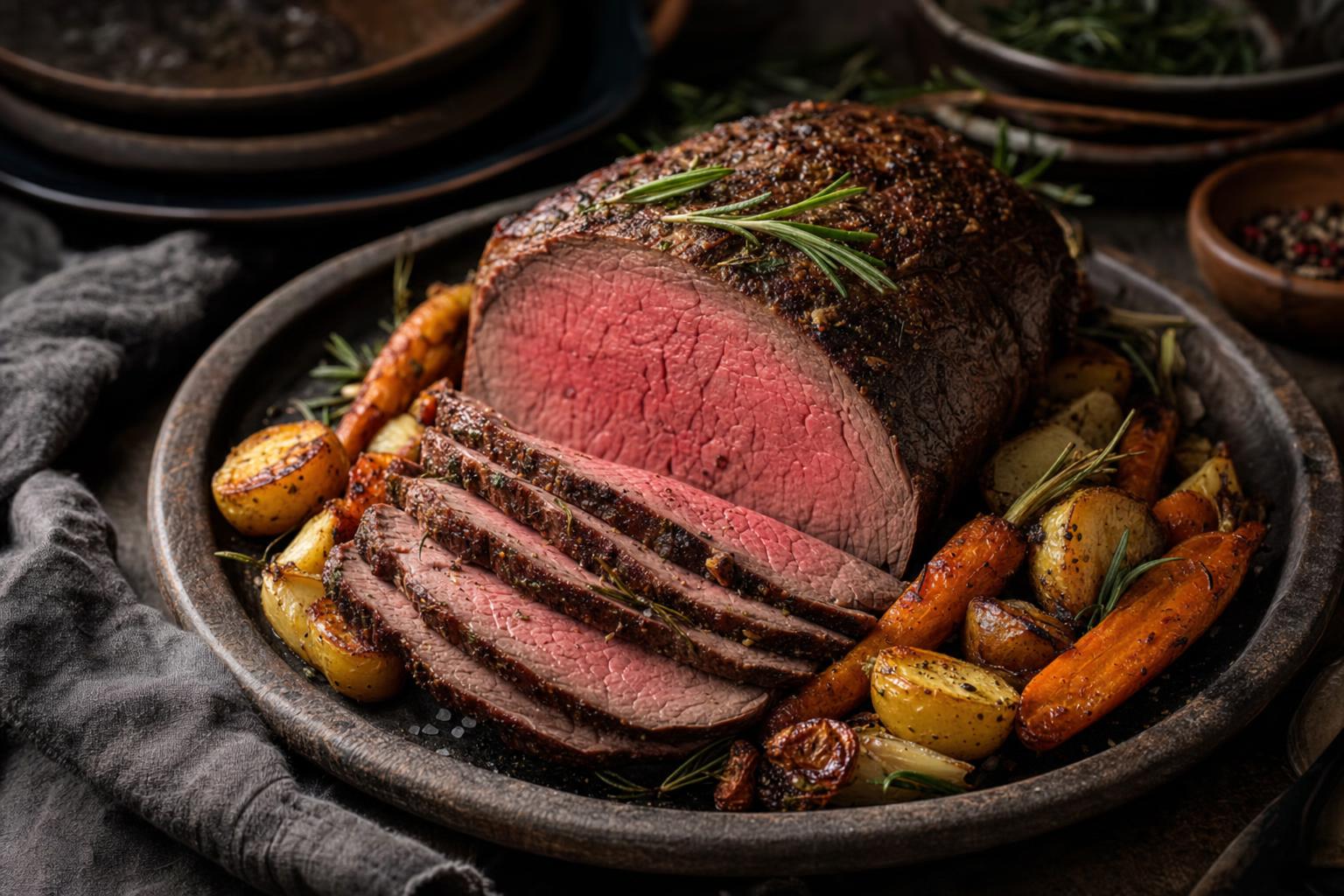 Aufgeschnittenes Roastbeef mit rosa Kern, garniert mit Rosmarin, umgeben von buntem Ofengemüse wie Karotten und Kartoffeln auf einer Platte.