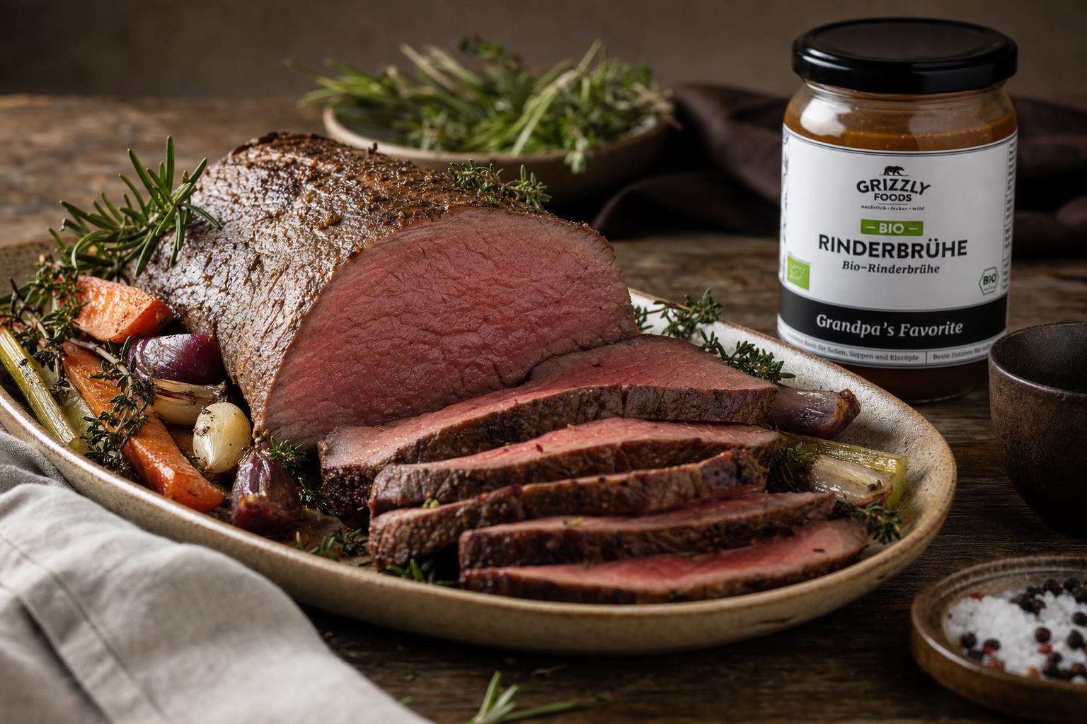 Aufgeschnittenes Roastbeef, rosa gebraten, auf einem Holzbrett mit Kräutern, Knoblauch und Gemüse angerichtet