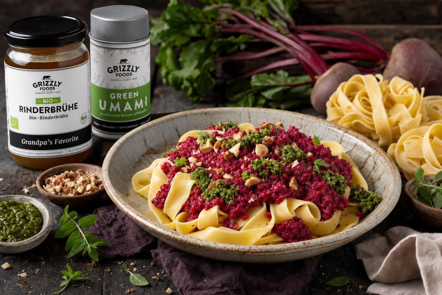 Bandnudeln mit Rote-Bete-Bolognese, grünem Pesto, gehackten Nüssen und frischer Rote Bete auf einem Teller angerichtet