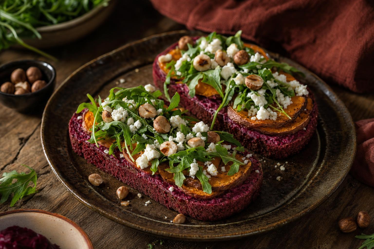 Zwei Scheiben Brot mit gebackener Süßkartoffel, zerbröseltem Feta, Rucola und Haselnüssen auf Holzbrett und Backpapier angerichtet.