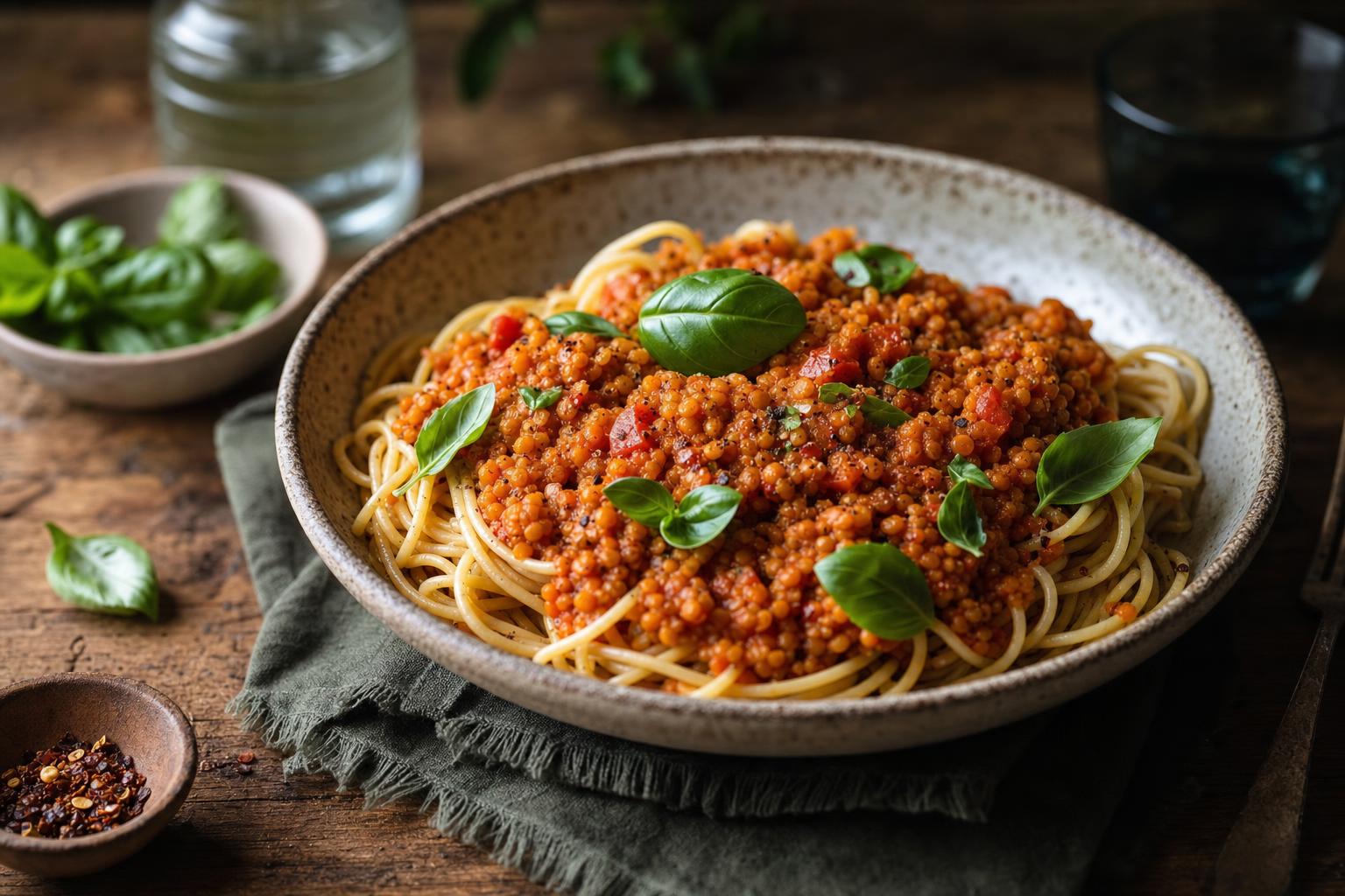 Spaghetti mit roter Linsenbolognese und frischem Basilikum in einer rustikalen Schale, im Hintergrund unscharfe Tomaten und Kräuter.