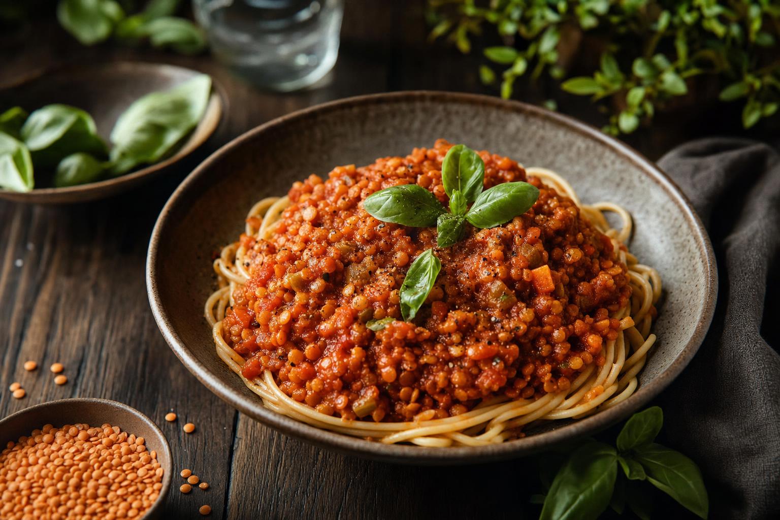 Spaghetti mit roter Linsenbolognese, garniert mit frischem Basilikum in einer rustikalen Schale auf Holztisch, warme Lichtstimmung