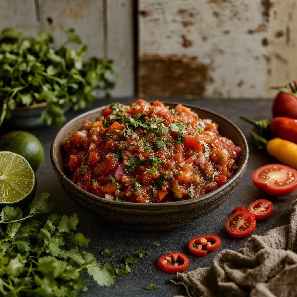 Schale mit stückigem Salsa Dip, garniert mit frischen Kräutern, umgeben von Limetten, Tomaten, Chili und Koriander auf dunklem Untergrund