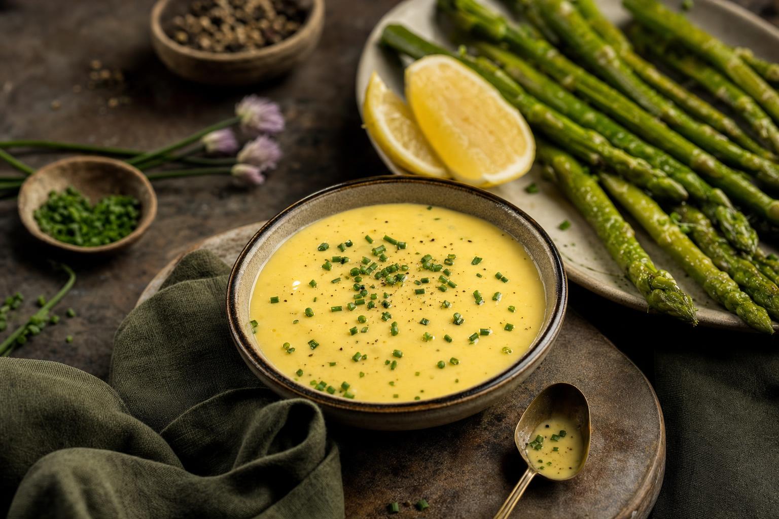 Kleine Schale mit cremiger, gelber Hollandaise, garniert mit Schnittlauch, daneben grüner Spargel und Zitronenscheiben auf weißem Teller.