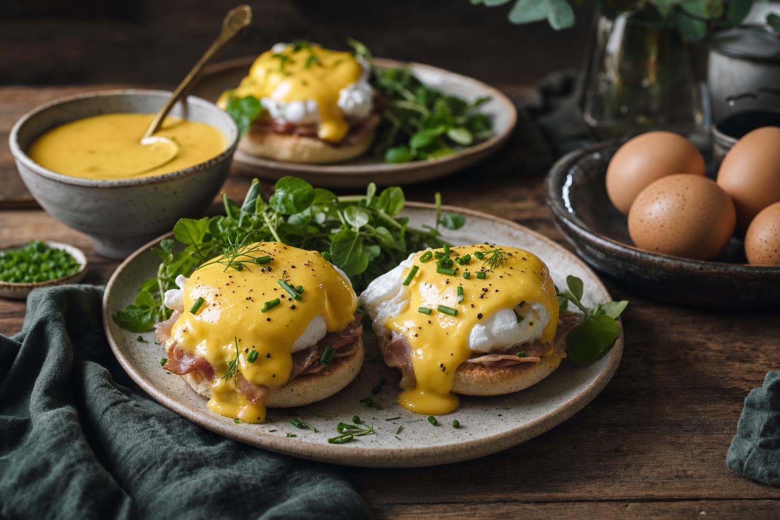 Mehrere Teller Eggs Benedict mit cremiger, goldgelber Sauce Hollandaise, frischen Kräutern und Beilagen auf rustikalem Holztisch.