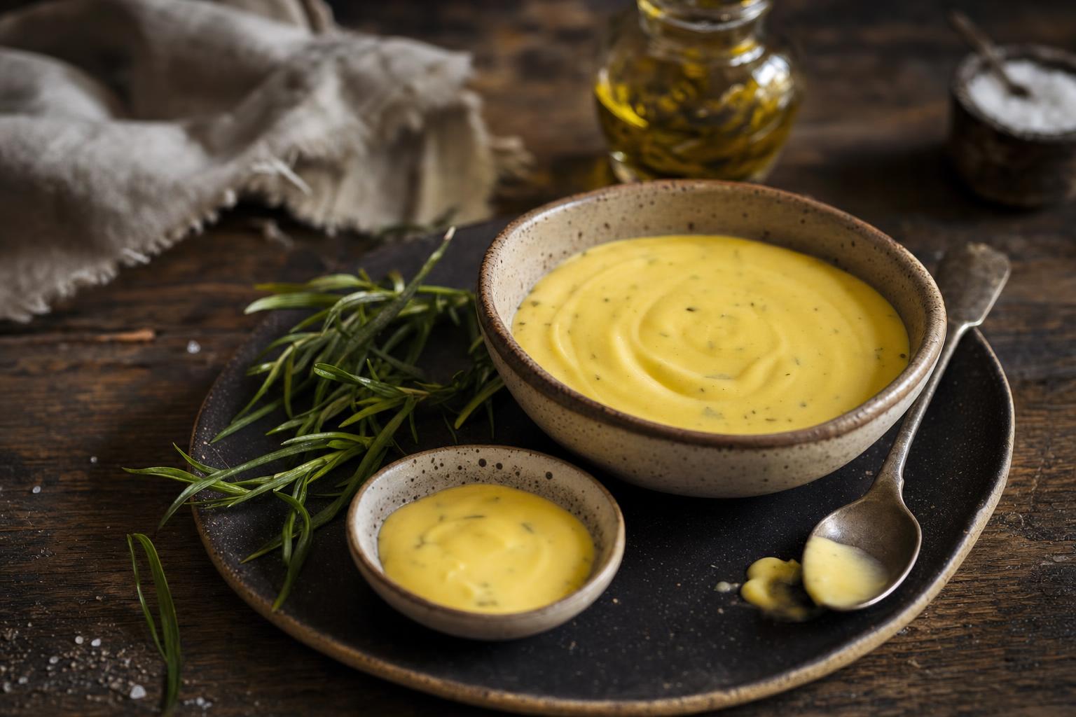 Schale mit cremiger, gelber Sauce Hollandaise, daneben frischer Estragon, Ölflasche und Salzbehälter auf dunklem Teller arrangiert