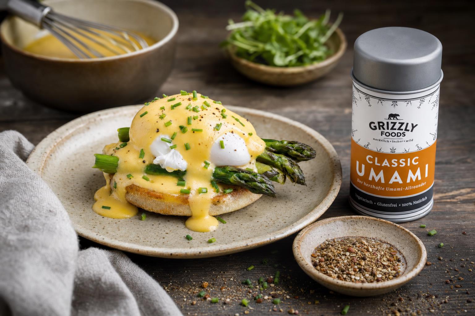 Grüner Spargel und pochiertes Ei auf English Muffin mit cremiger Hollandaise und Schnittlauch, daneben Gewürzmischung und Küchenutensilien.