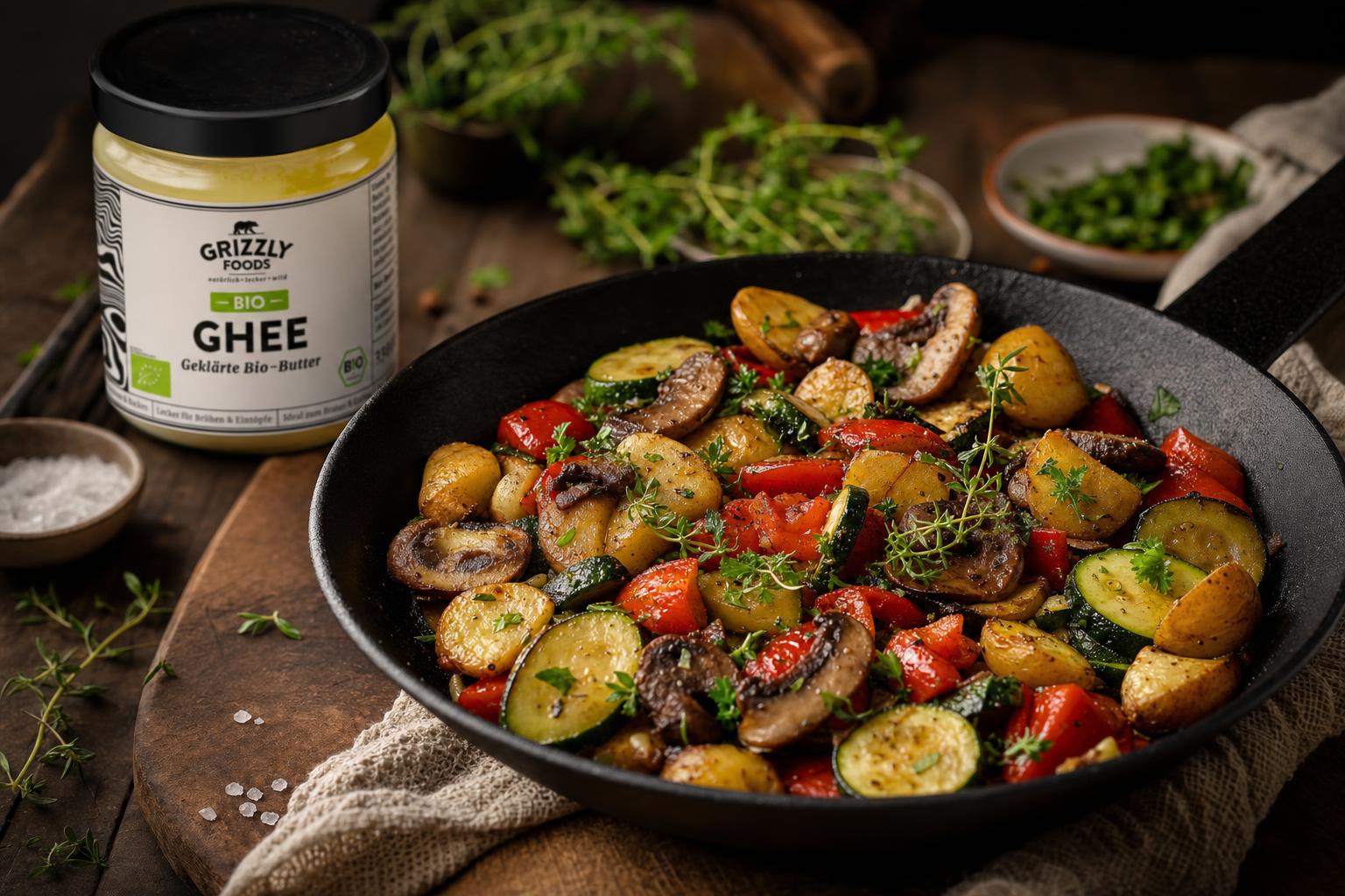Bunte Gemüsepfanne mit Zucchini, Kartoffeln, Paprika und Champignons in Ghee gebraten, mit frischen Kräutern garniert.