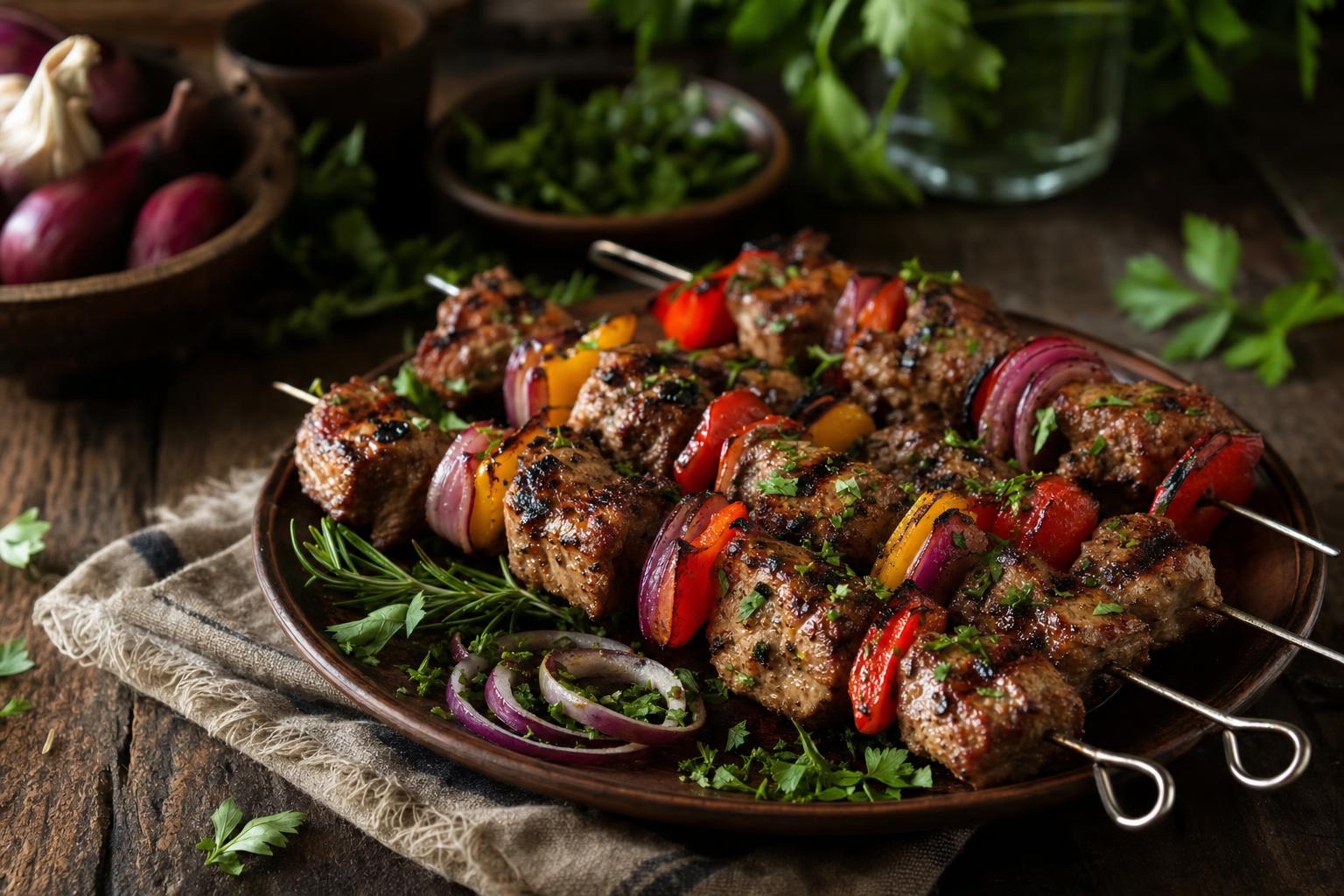 Gegrillte Schaschlikspieße mit saftigen Fleischstücken, roten Zwiebeln und Paprika auf rustikalem Teller, garniert mit frischen Kräutern.