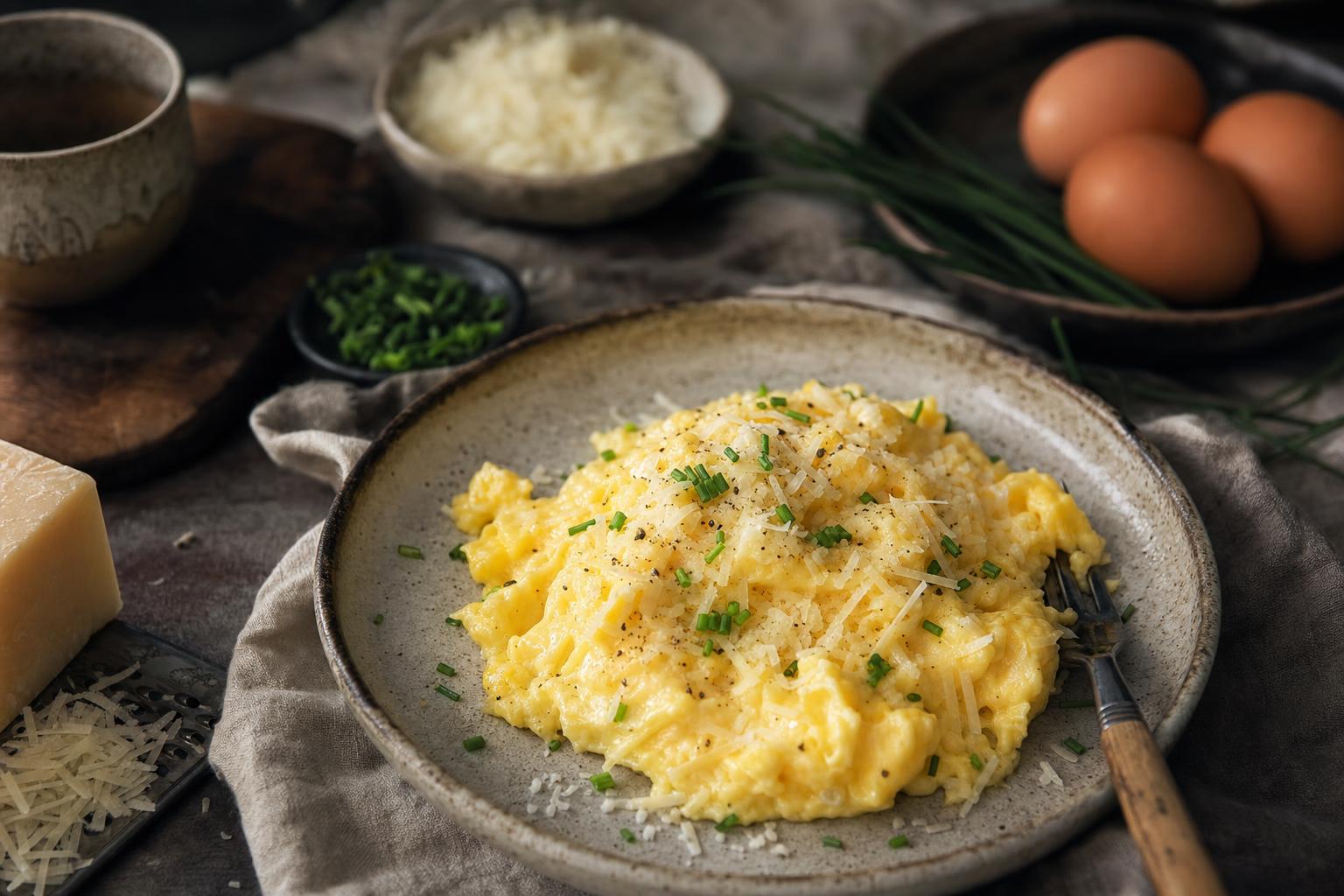 Cremiges Rührei mit geschmolzenem Parmesankäse, serviert auf einem weißen Teller, garniert mit frischen Kräutern.