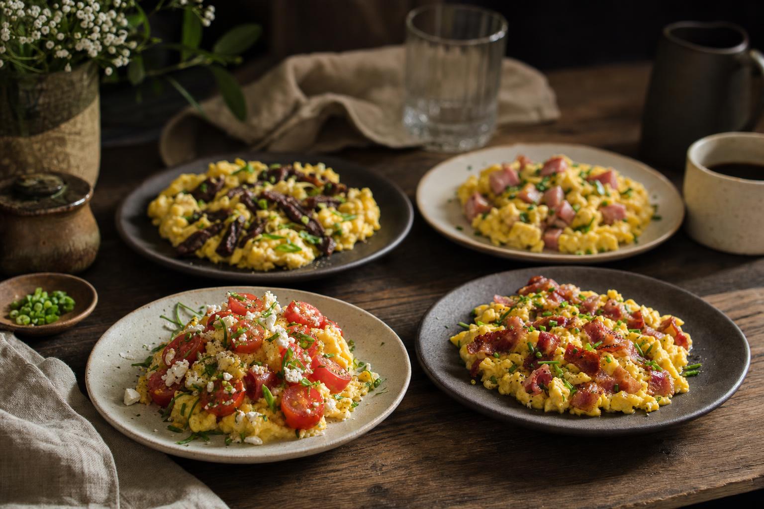 Rührei mit gebratenem Speck, frischen Kräutern und Tomaten auf einem weißen Teller, dazu eine Scheibe Brot.