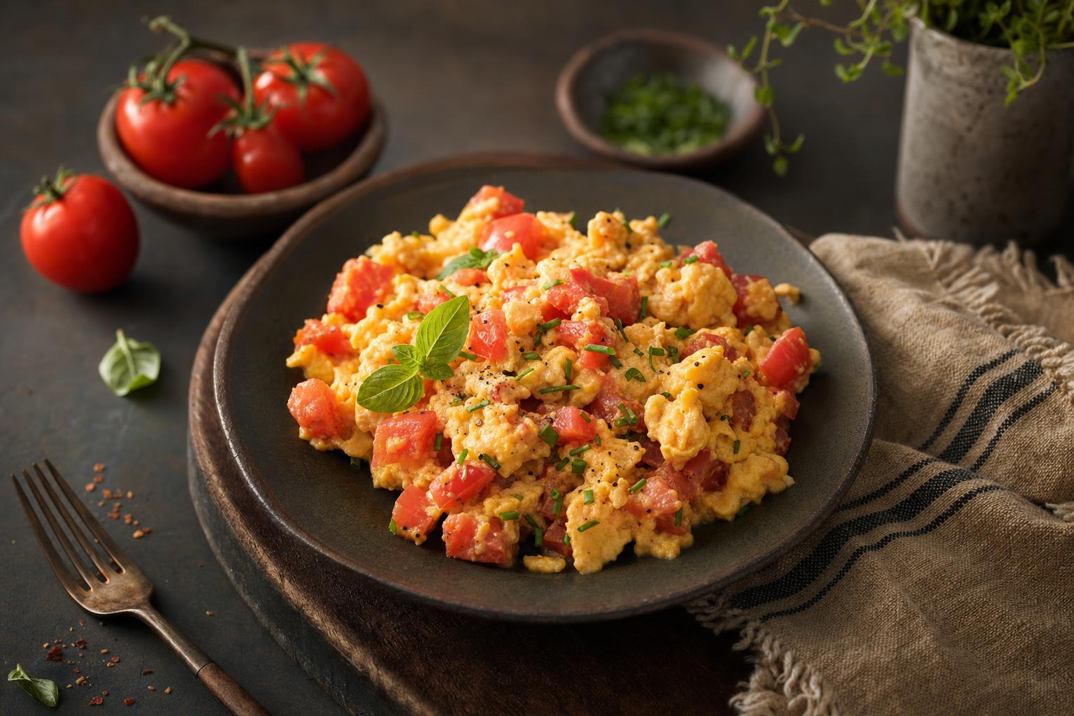 Rührei mit gebratenen Tomatenwürfeln in einer Pfanne, garniert mit frischen Kräutern, serviert auf einem weißen Teller.