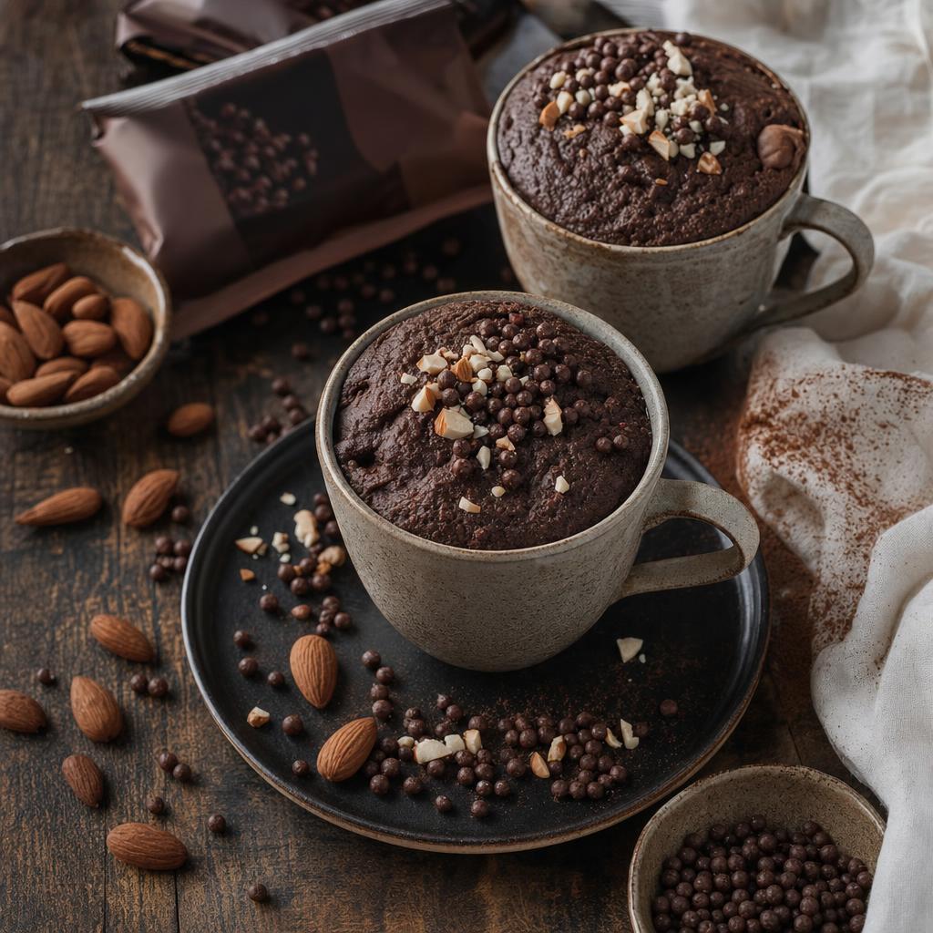 Zwei Schoko-Mug-Cakes in Tassen, getoppt mit Schokokugeln und gehackten Mandeln, auf dunkler Platte mit Mandeln und Schokostücken.