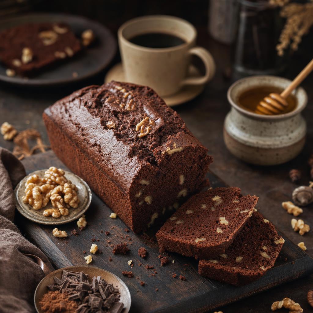 Aufgeschnittener Schokoladenkuchen mit Walnüssen auf dunklem Brett, daneben Honigglas, Kaffeetasse und ein Teller mit Kuchenscheibe.