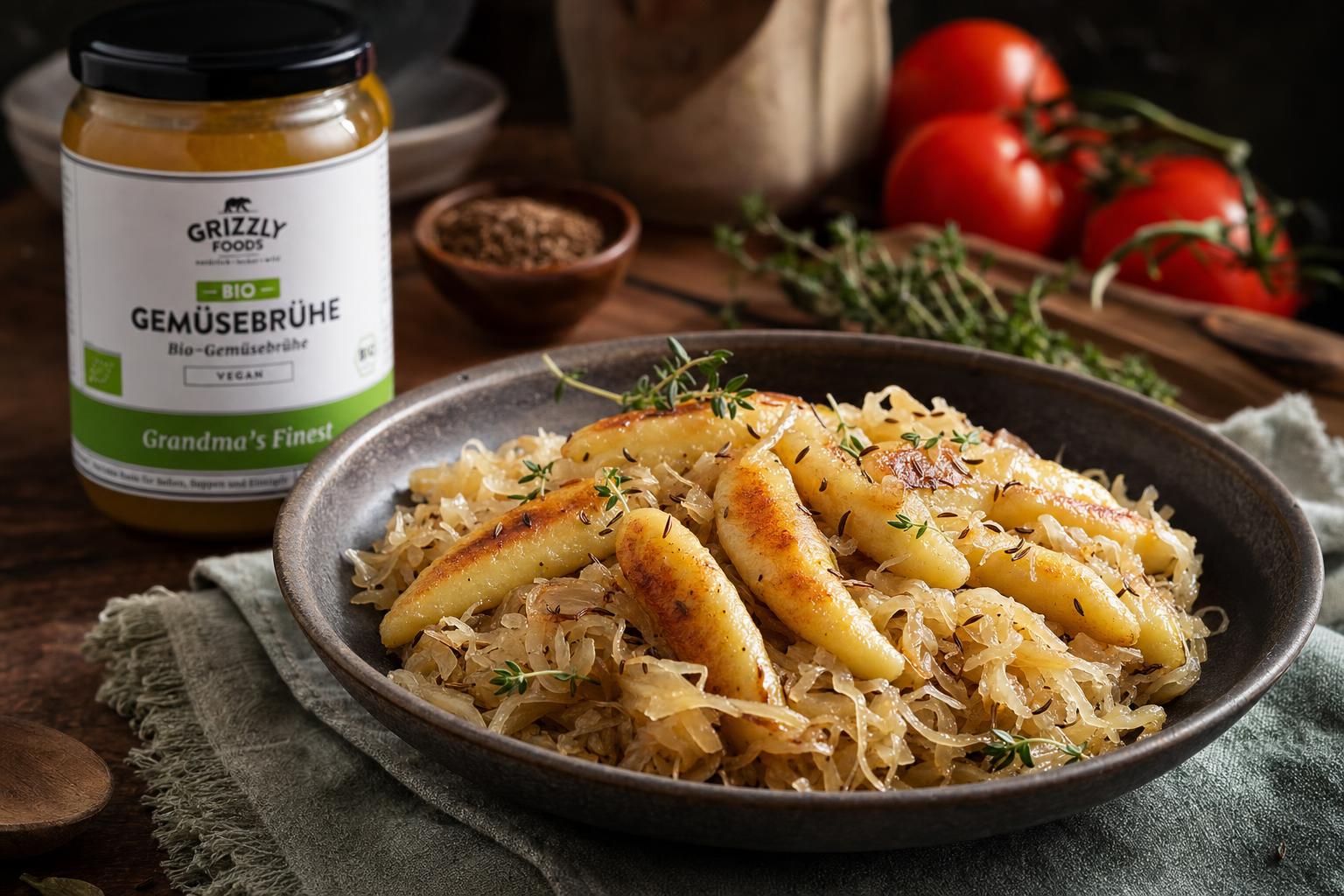 Knusprige Schupfnudeln auf gebratenem Sauerkraut mit Zwiebeln, garniert mit frischen Kräutern in einer rustikalen Pfanne.