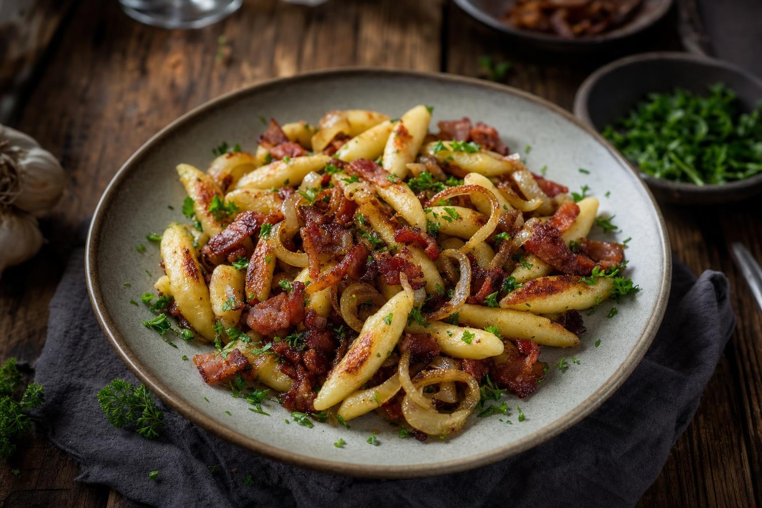 Gebratene Schupfnudeln mit knusprigem Speck, goldbraunen Zwiebelringen und frischer Petersilie in einer schwarzen Pfanne serviert.