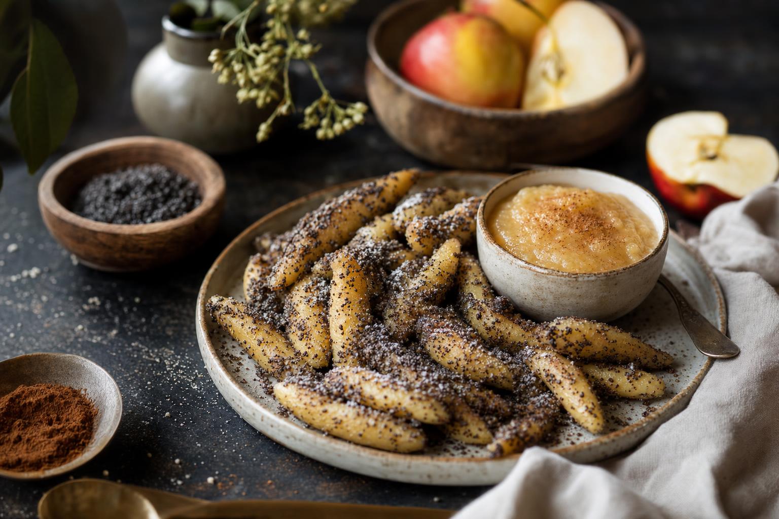 Schupfnudeln in Butter gebraten, mit gemahlenem Mohn und Puderzucker bestreut, dazu Apfelmus in einer Schale serviert