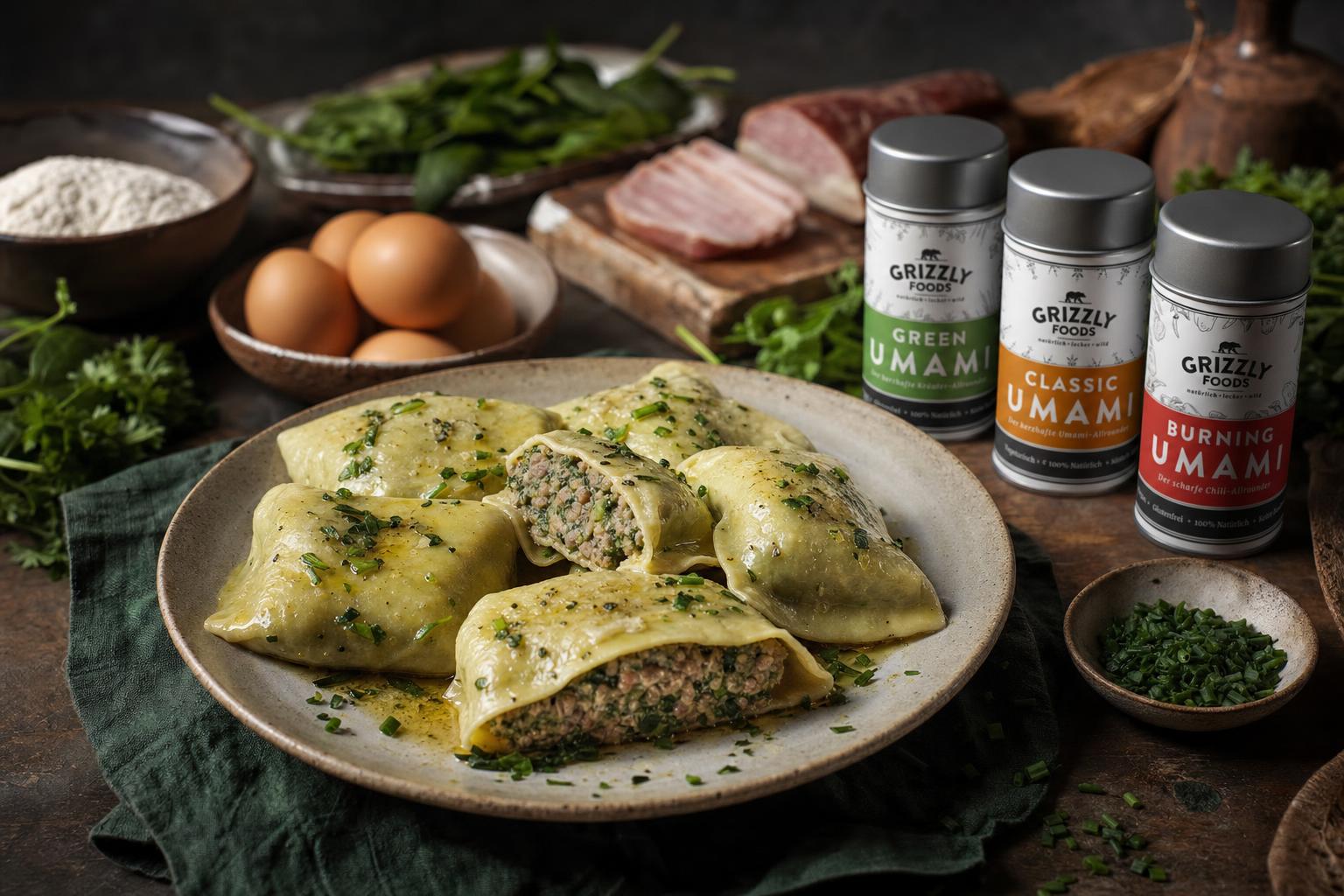 Mehrere schwäbische Maultaschen mit goldbrauner Kruste, angerichtet auf einem weißen Teller, garniert mit frischen Kräutern.