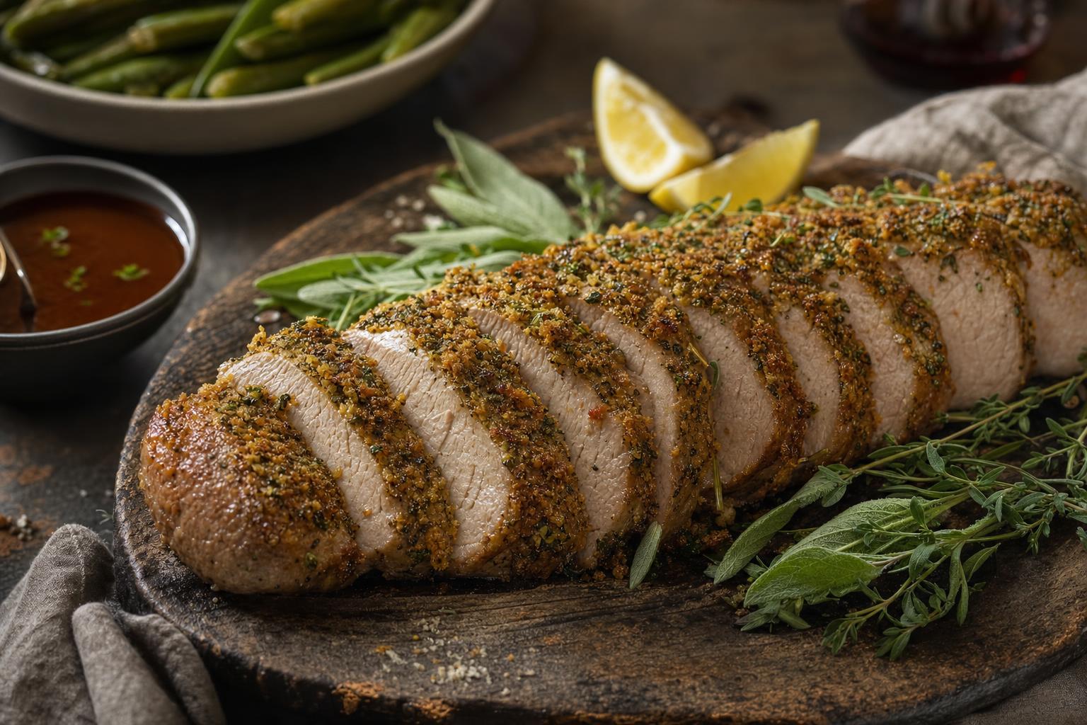 In Scheiben geschnittenes Schweinefilet mit goldbrauner Kräuterkruste auf Holzbrett, garniert mit frischen Kräutern und Zitronenspalten.