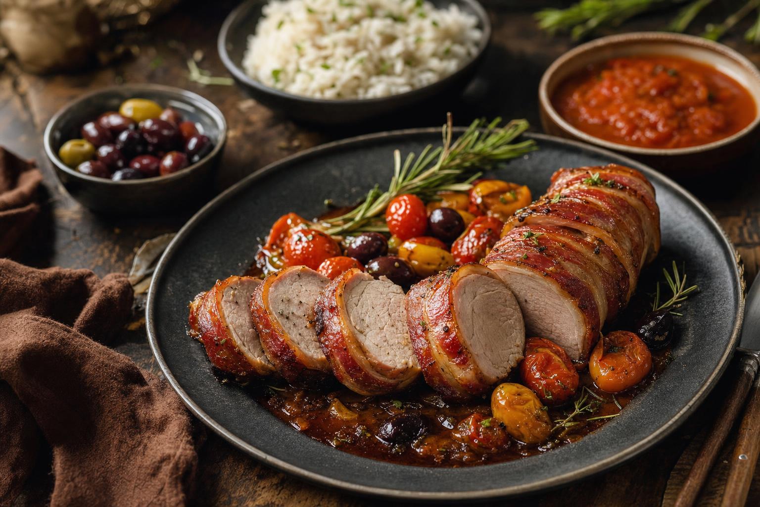 In Scheiben geschnittenes Schweinefilet im knusprigen Speckmantel mit Sauce, Kirschtomaten, Oliven, Reis und roter Soße auf dunklem Teller.
