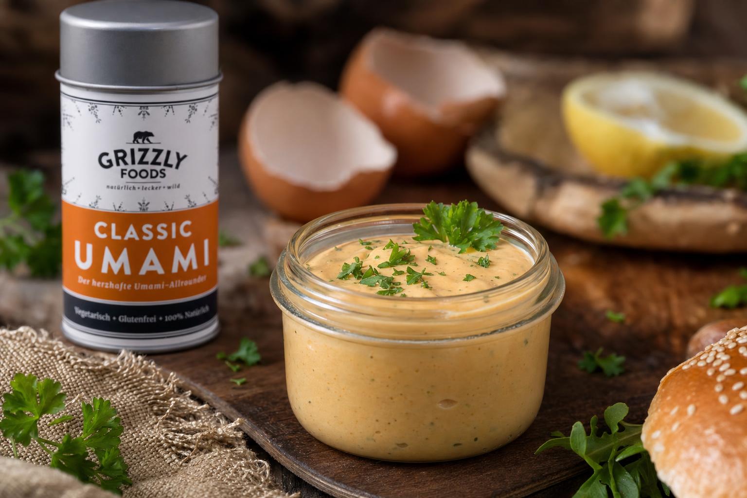 Kleines Glas mit cremiger Burger Sauce, garniert mit Petersilie und Löffel, auf Holzbrett; im Hintergrund Zitrone und Gewürz.