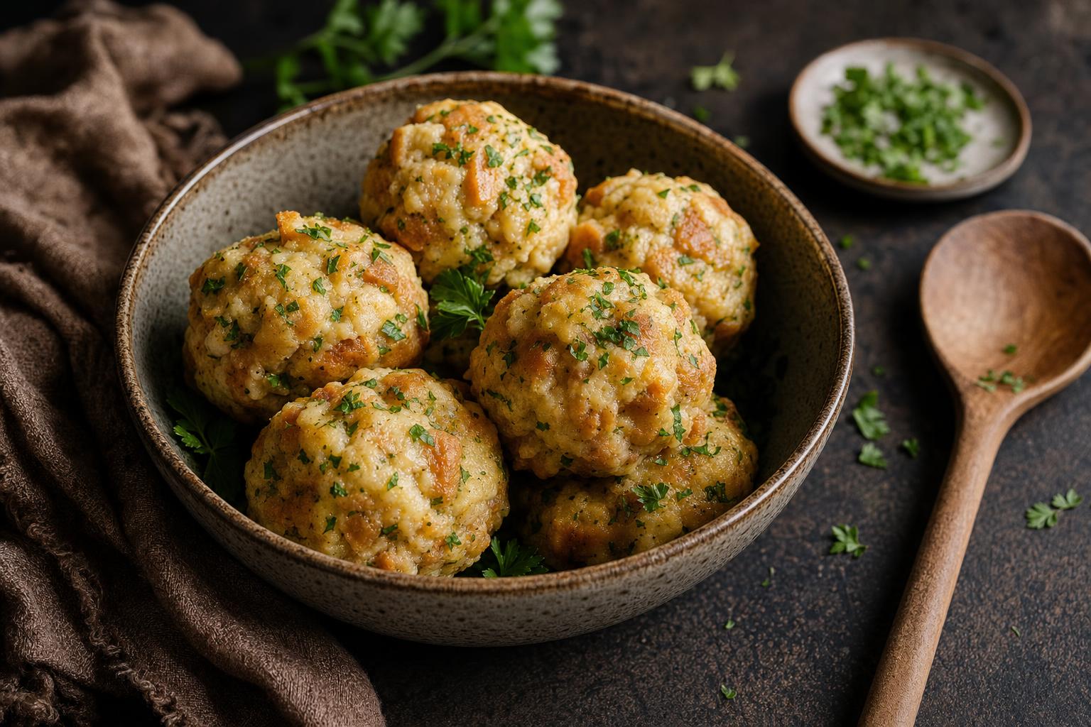 Mehrere goldbraune Semmelknödel mit Kräutern in einer rustikalen Schale, daneben ein Holzlöffel auf dunklem Untergrund.
