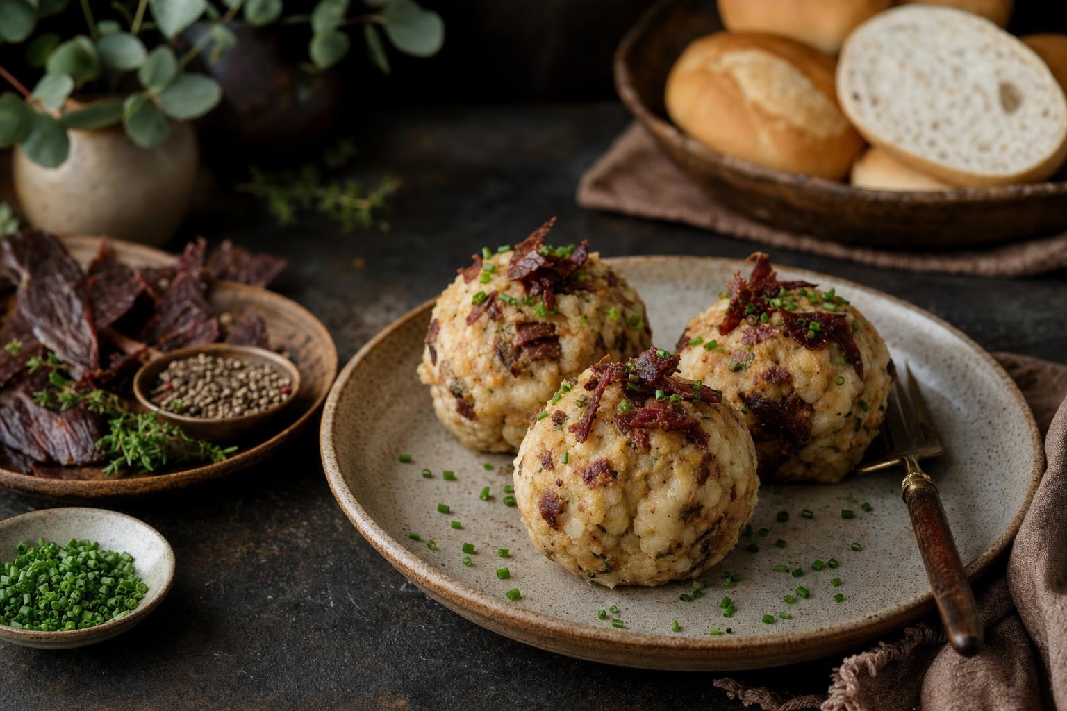 Drei runde Jerkyknödel auf einem weißen Teller, garniert mit frischen Kräutern, daneben eine braune Soße.
