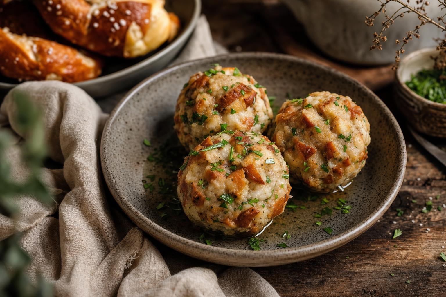 Mehrere goldbraune Brezelknödel auf einem weißen Teller, garniert mit frischer Petersilie, daneben eine Portion Rahmsauce.