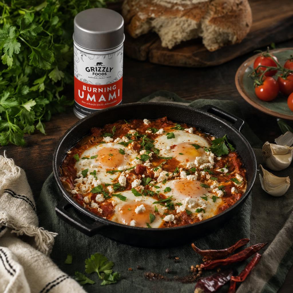 Pfanne mit Shakshuka: pochierte Eier in Tomaten-Gemüsesauce, bestreut mit frischen Kräutern und Käse, dazu Brot und frische Zutaten.