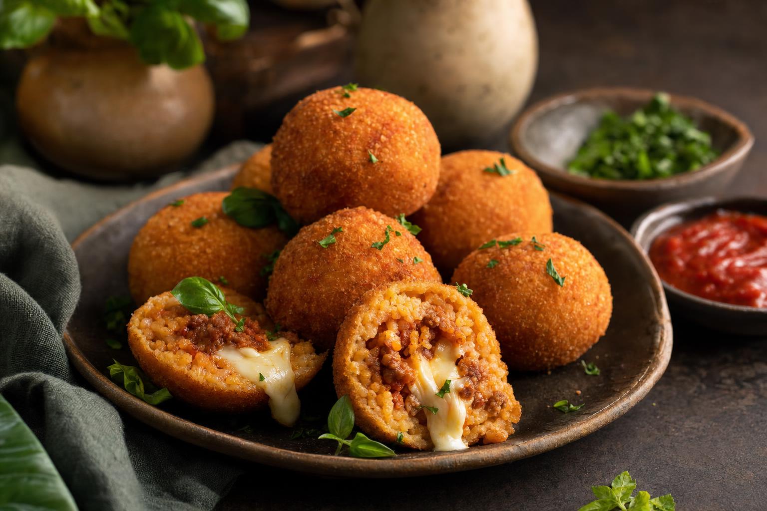 Mehrere goldbraune, knusprige Arancini auf Holzbrett, einer aufgeschnitten mit Ragù- und Mozzarellafüllung, daneben frische Kräuter und Dips