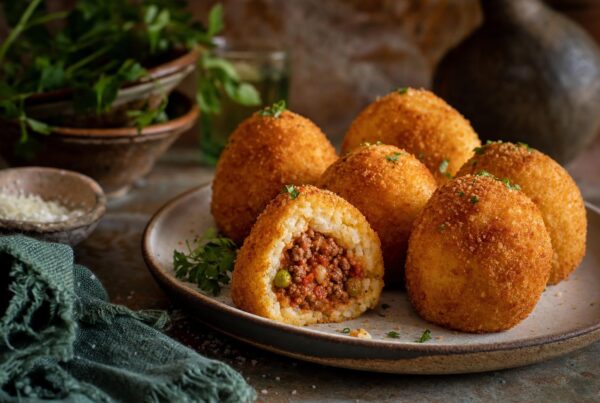 Mehrere goldbraune, knusprige Arancini auf Holzplatte, einer aufgeschnitten mit Reis und Hackfleischfüllung, daneben frische Kräuter.