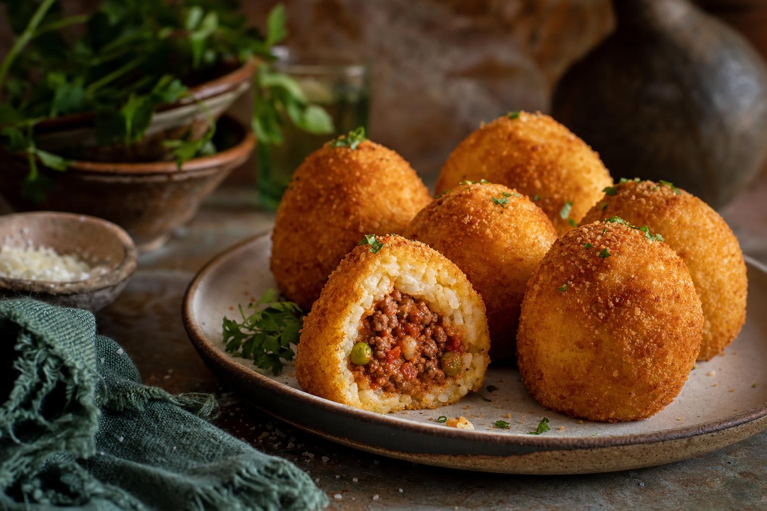 Mehrere goldbraune, knusprige Arancini auf Holzplatte, einer aufgeschnitten mit Reis und Hackfleischfüllung, daneben frische Kräuter.
